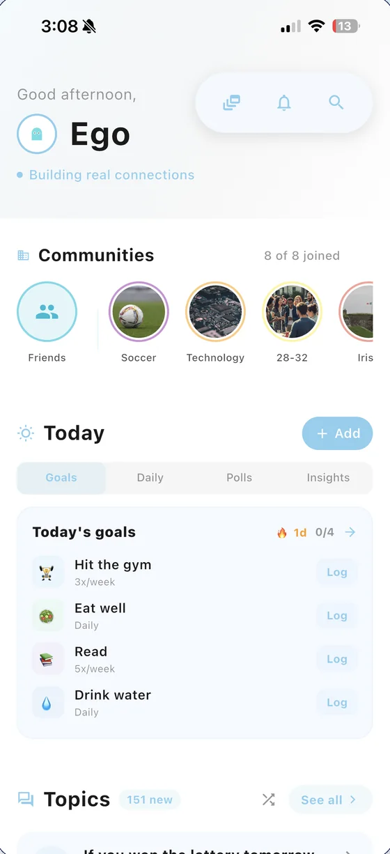 iPerspective home screen with communities and today's goals